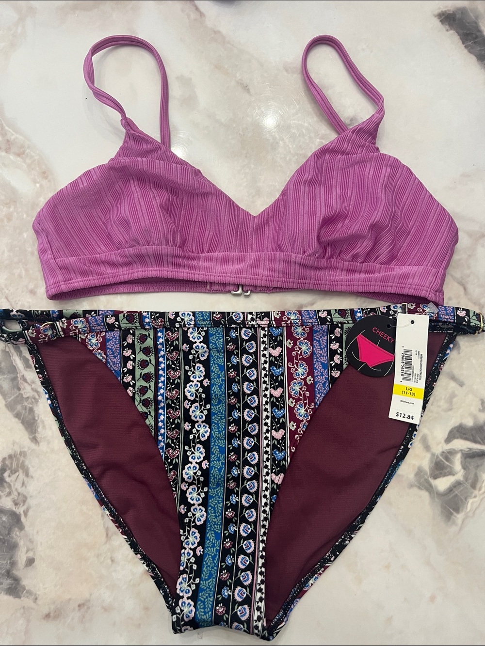 No Boundaries Purple Ribbed Bikini Top with Multi-Patterned Floral Bottom